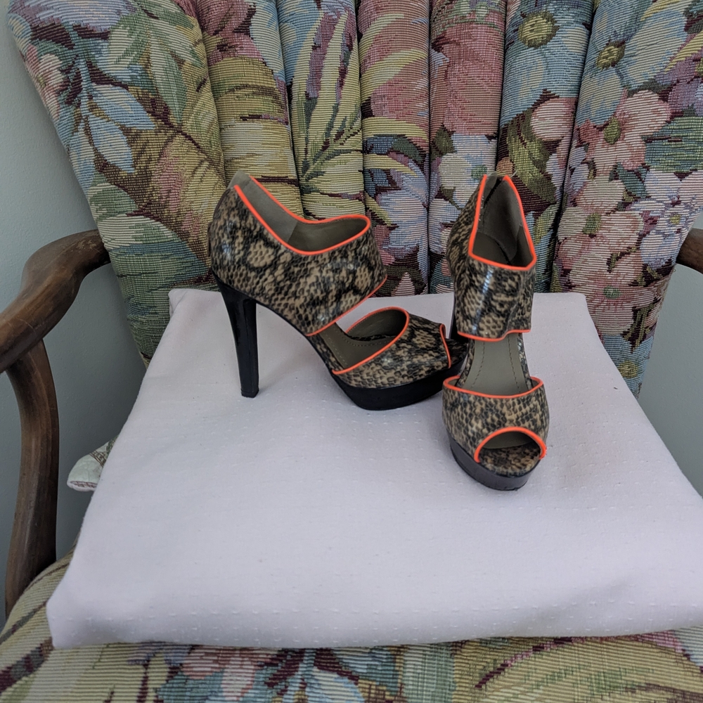 BCBG Snakeskin Heels with Orange Trim